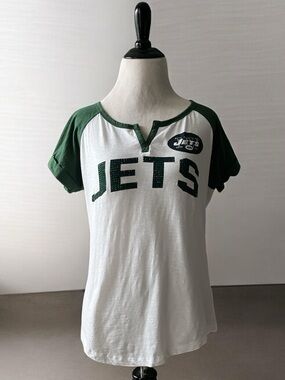 NFL TEAM APPAREL NY JETS rhinestone logo short sleeve asymmetrical t-shirt small